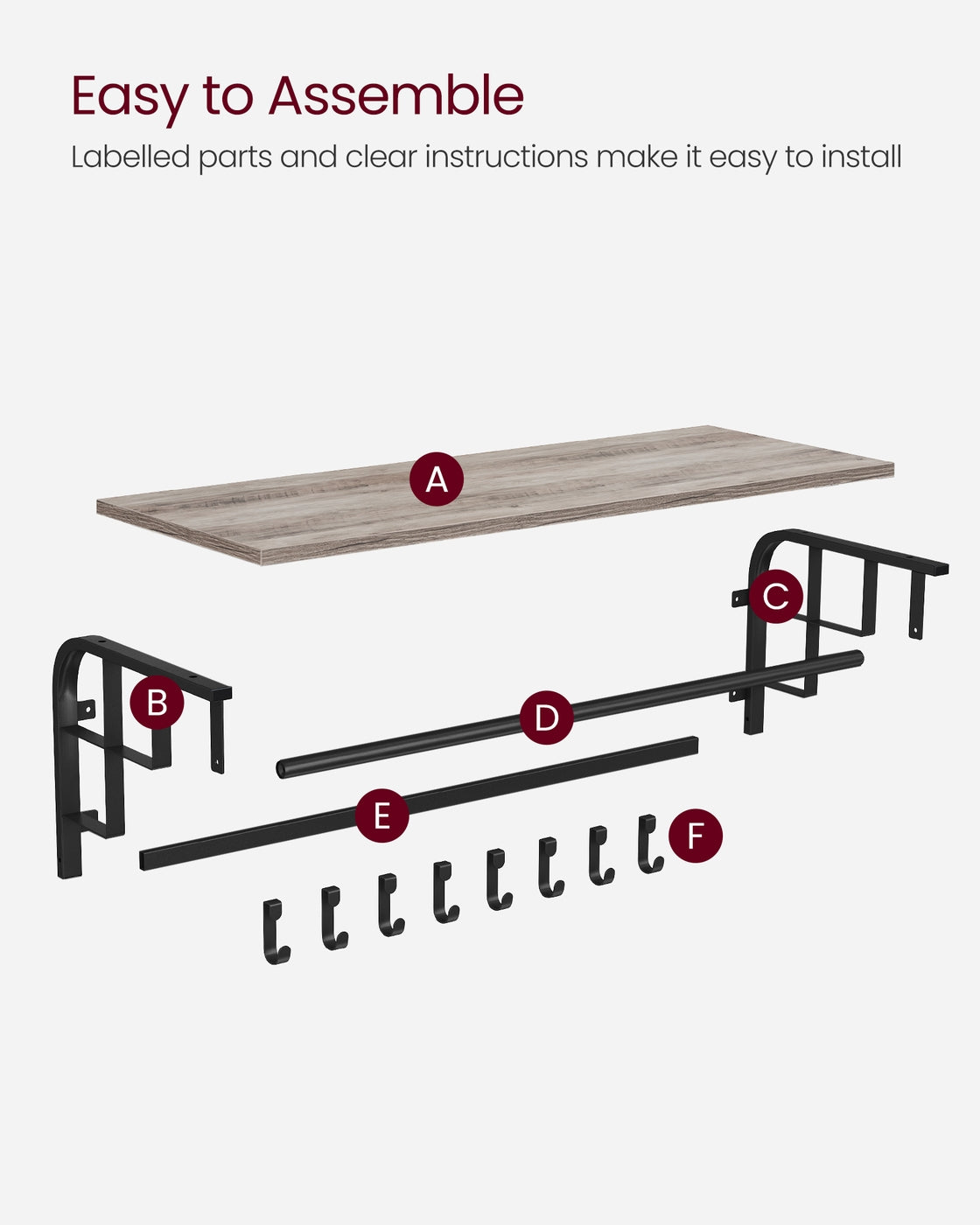Coat Rack Wall-Mounted, Clothes Rail with 5 Removable Coat Hooks - image 20