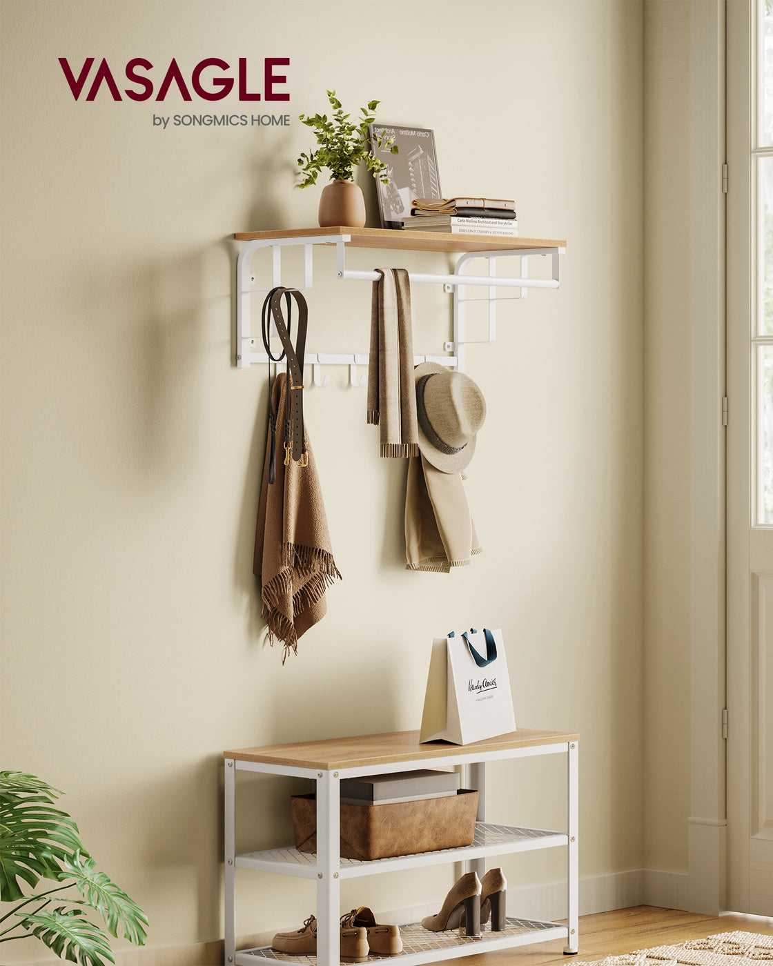 Coat Rack Wall-Mounted with 5 Hooks Golden Oak and Cloud White