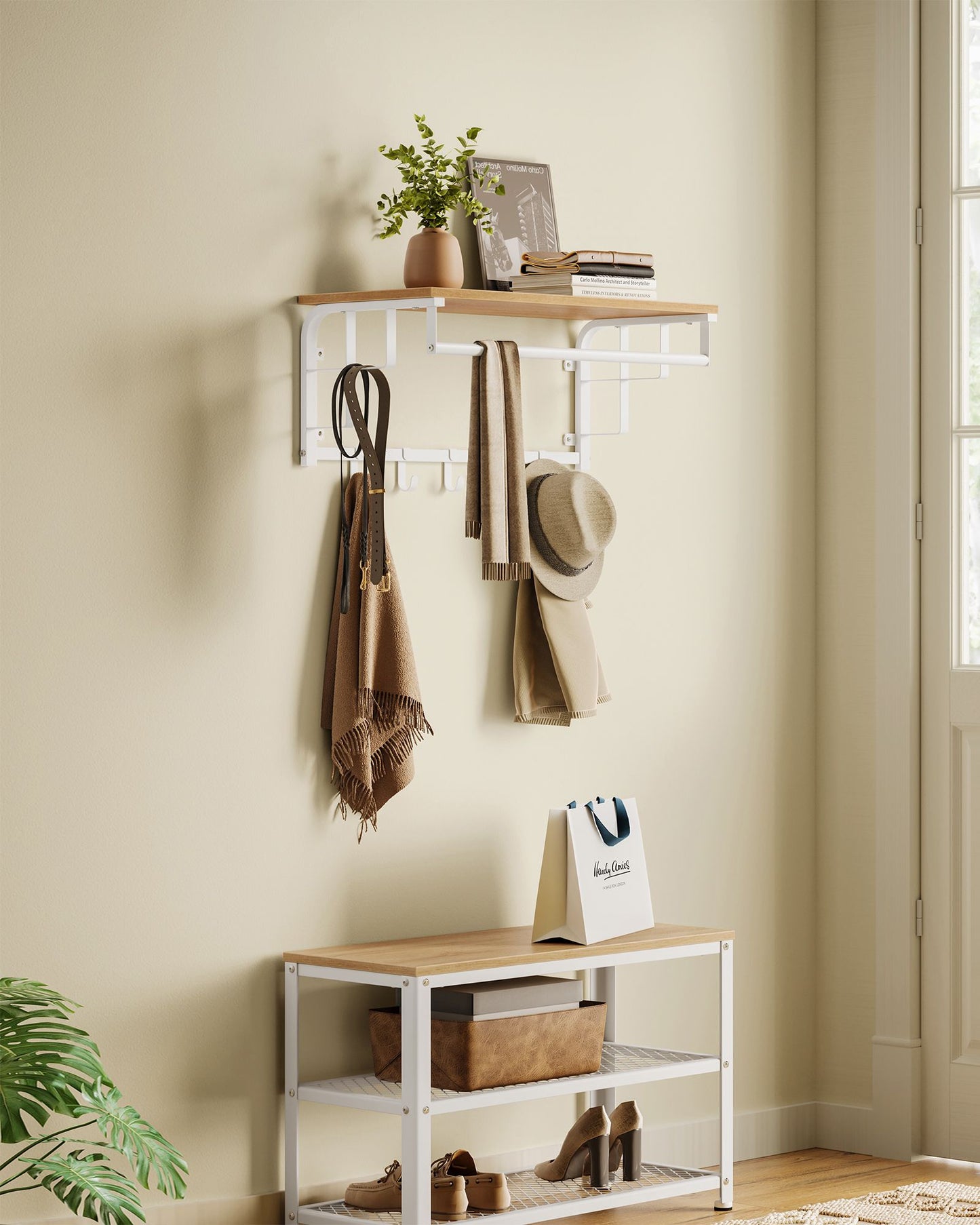 Coat Rack Wall-Mounted with 5 Hooks Golden Oak and Cloud White - image 2
