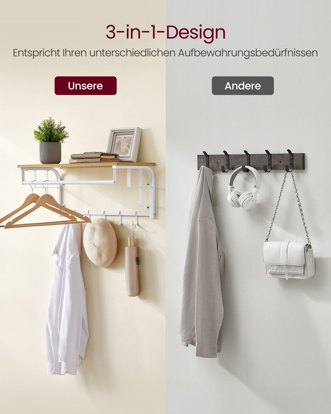 Coat Rack Wall-Mounted with 5 Hooks Golden Oak and Cloud White