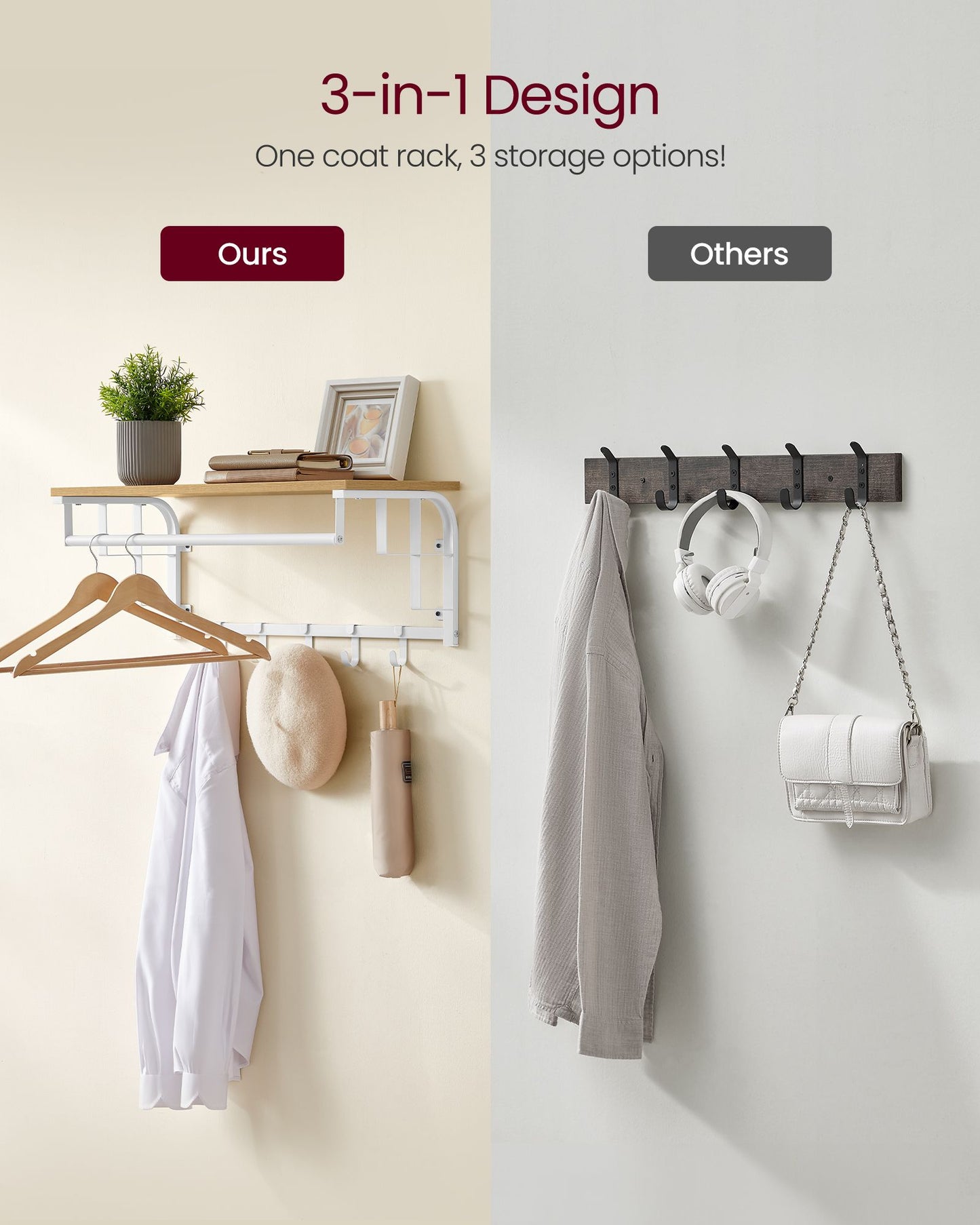 Coat Rack Wall-Mounted with 5 Hooks Golden Oak and Cloud White - image 3