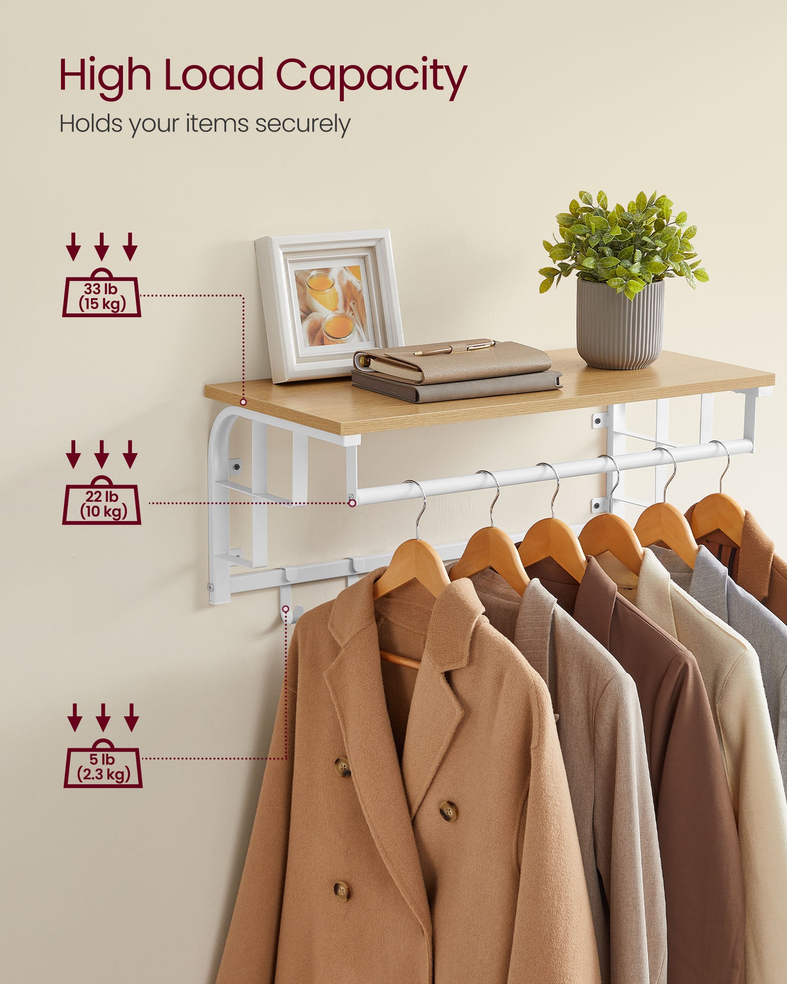 Coat Rack Wall-Mounted with 5 Hooks Golden Oak and Cloud White - image 5