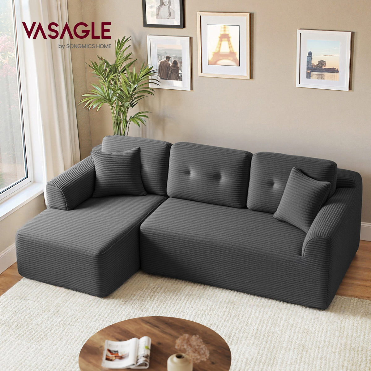 108.3 Inches Boneless Couch with Chaise, Modular Sectional Sofa