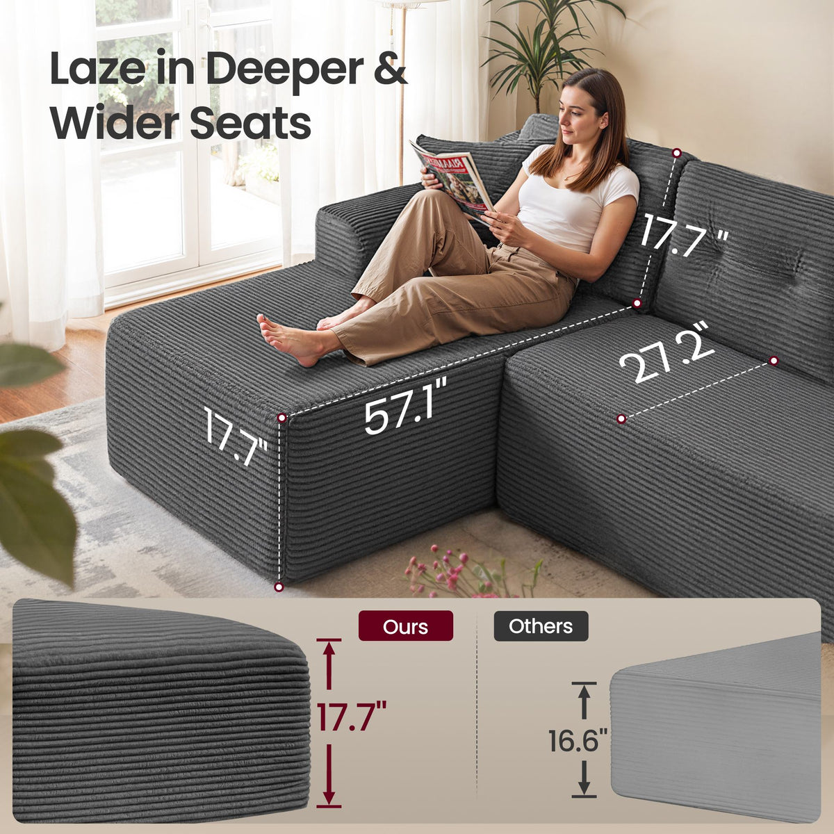 108.3 Inches Boneless Couch with Chaise, Modular Sectional Sofa