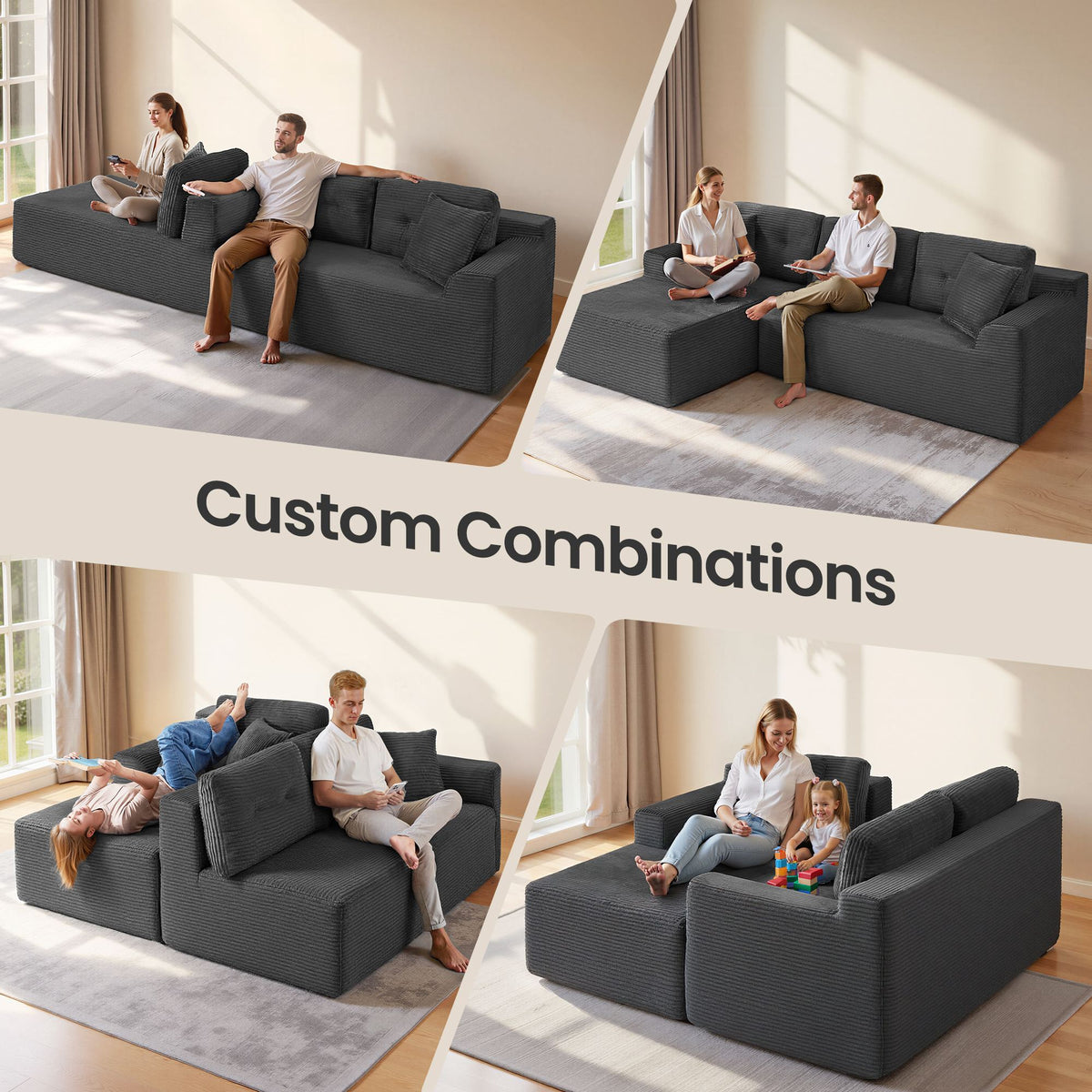 108.3 Inches Boneless Couch with Chaise, Modular Sectional Sofa