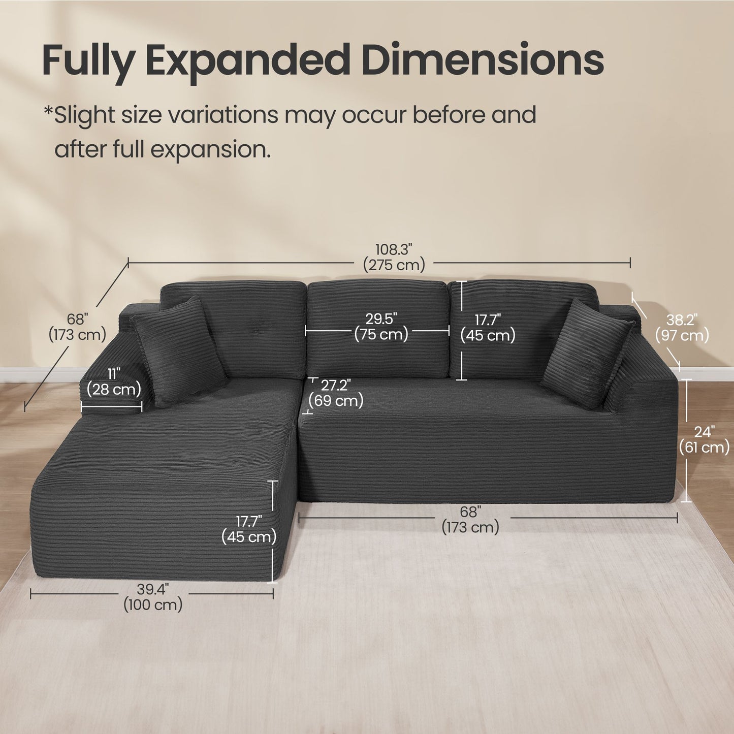 108.3 Inches Boneless Couch with Chaise, Modular Sectional Sofa