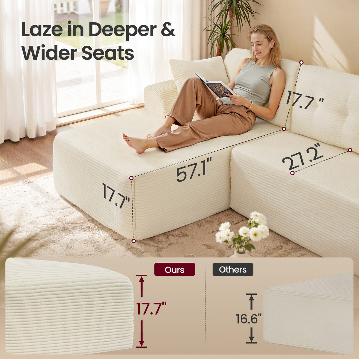 108.3 Inches Boneless Couch with Chaise, Modular Sectional Sofa