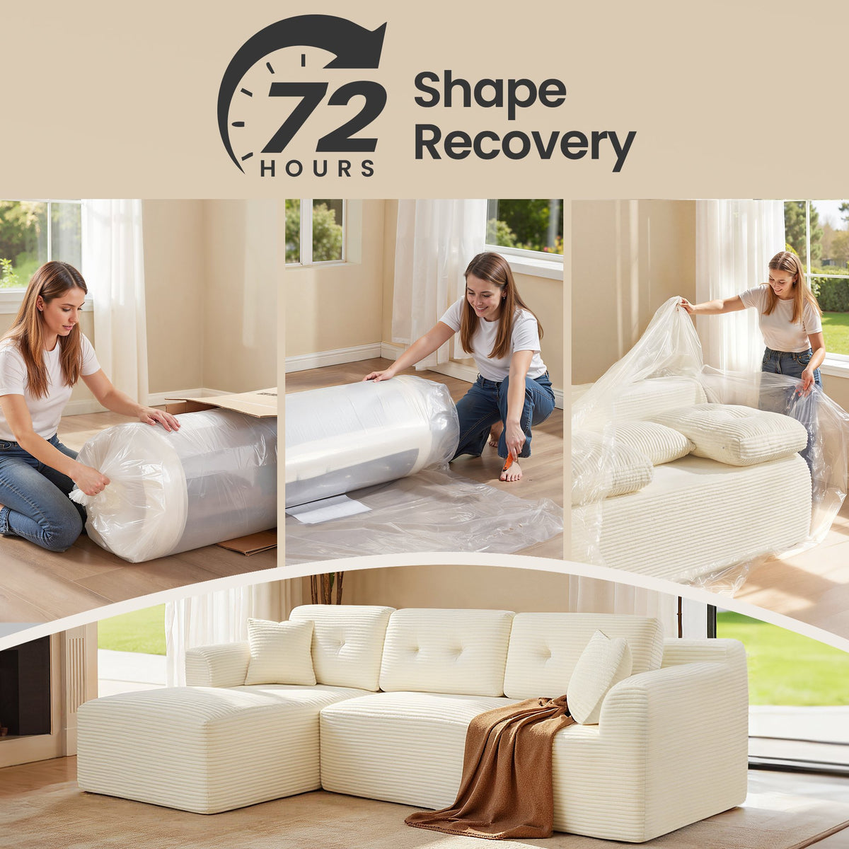 108.3 Inches Boneless Couch with Chaise, Modular Sectional Sofa
