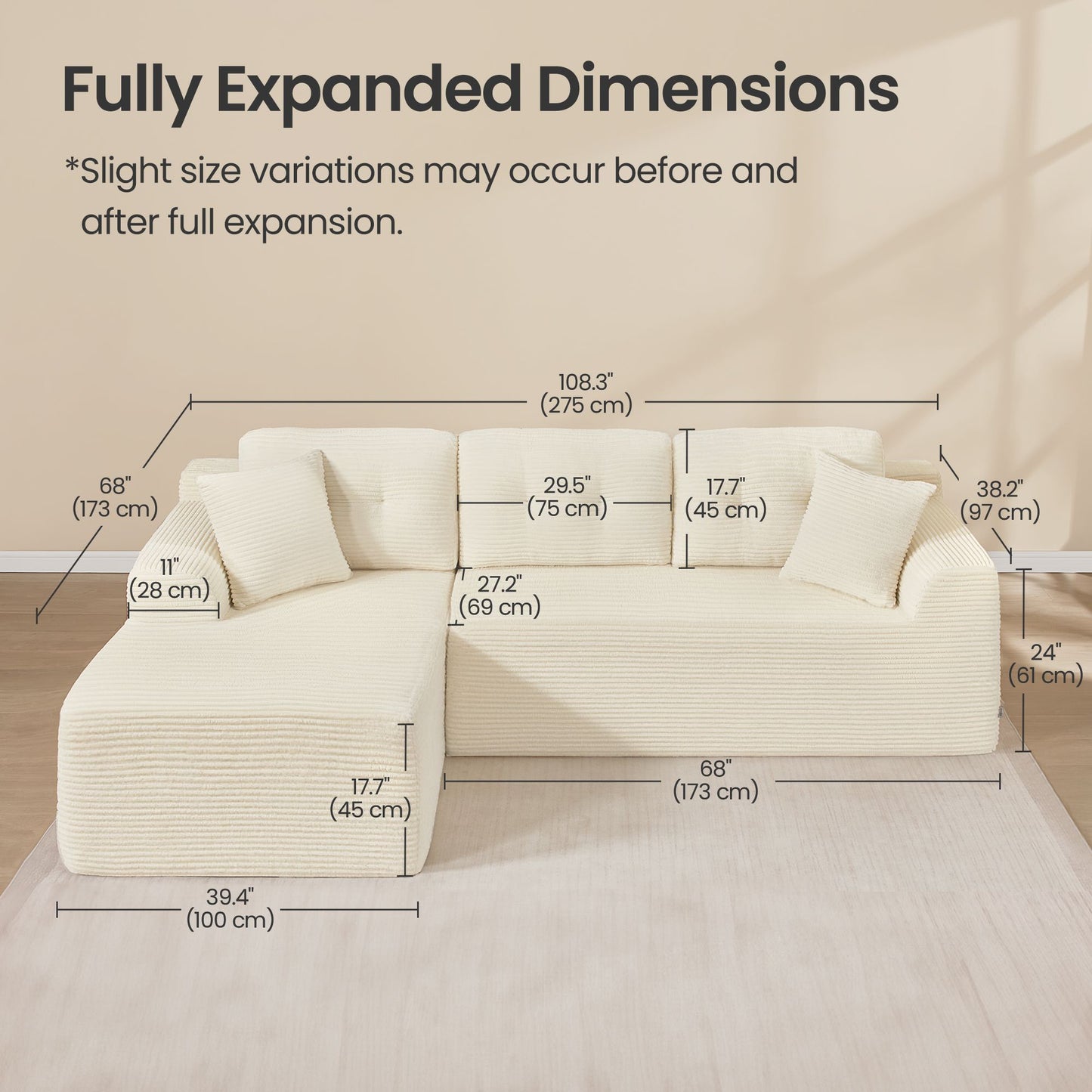108.3 Inches Boneless Couch with Chaise, Modular Sectional Sofa