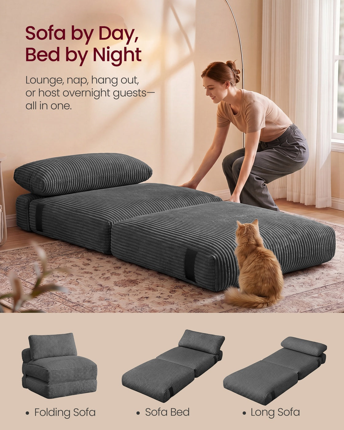 Folding Sofa Bed, Convertible Chair Bed with Pillow, Sleeper Chair