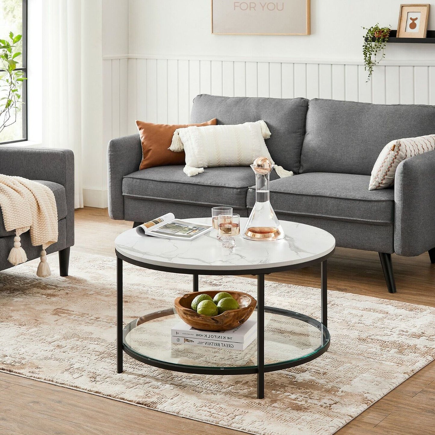 Faux Marble Round Coffee Table with Storage Shelf Marble Black and Ink Black - image 15