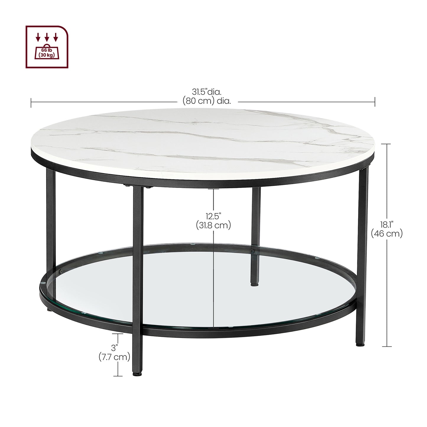 Faux Marble Round Coffee Table with Storage Shelf Marble Black and Ink Black - image 16