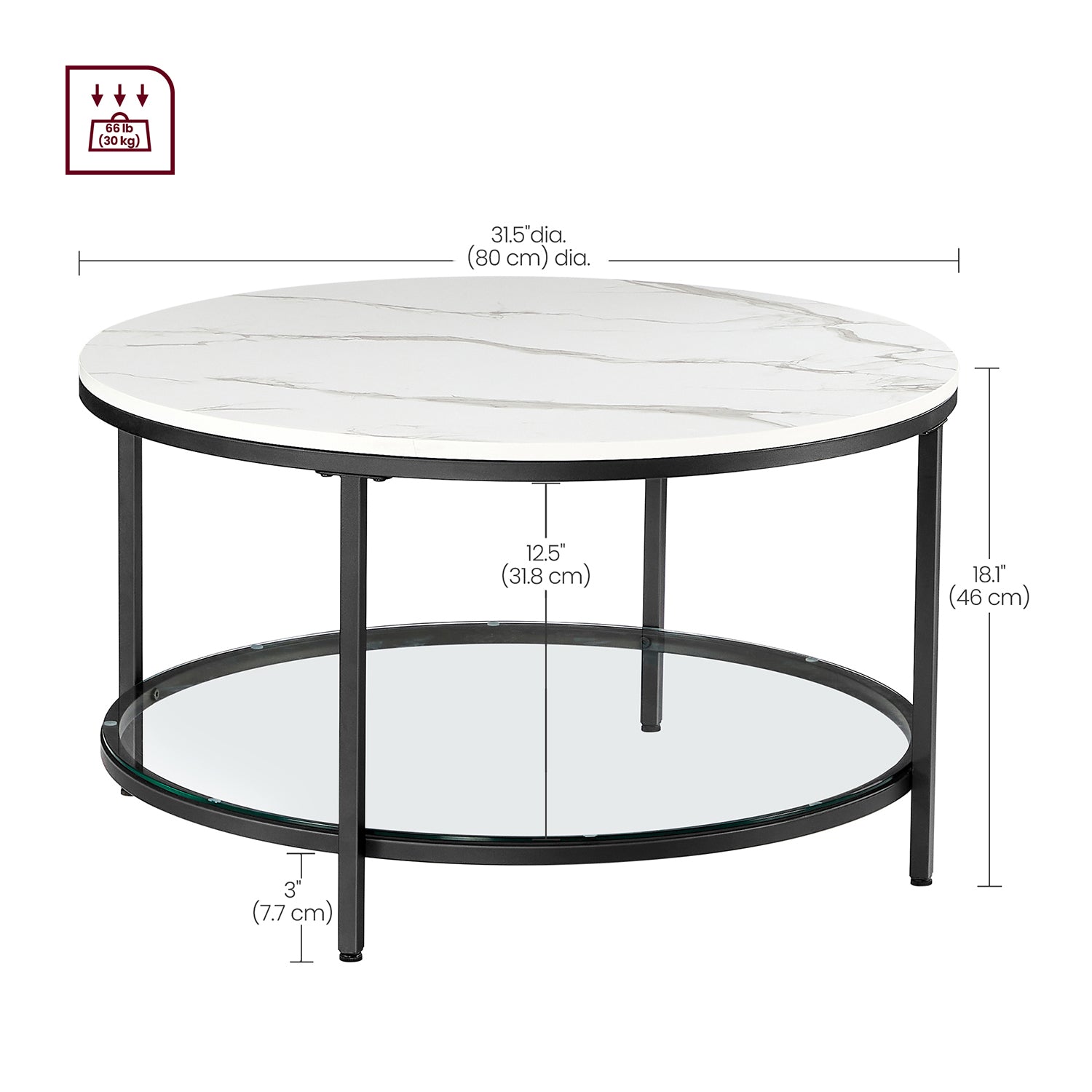Faux Marble Round Coffee Table with Storage Shelf Marble Black and Ink Black - image 16