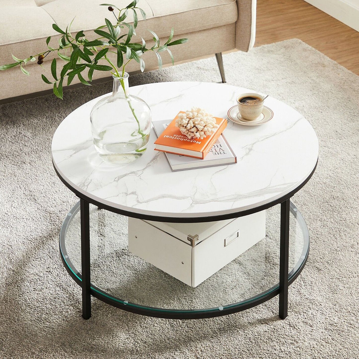 Faux Marble Round Coffee Table Marble White and Ink Black - image 4