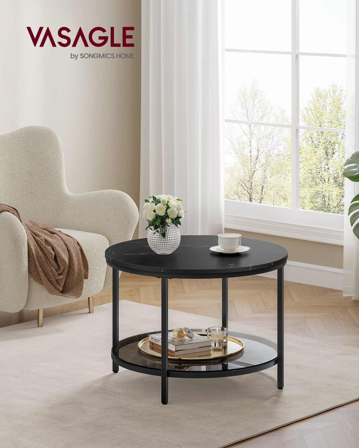 Round Coffee Table with Faux Marble Top and Glass Storage Shelf