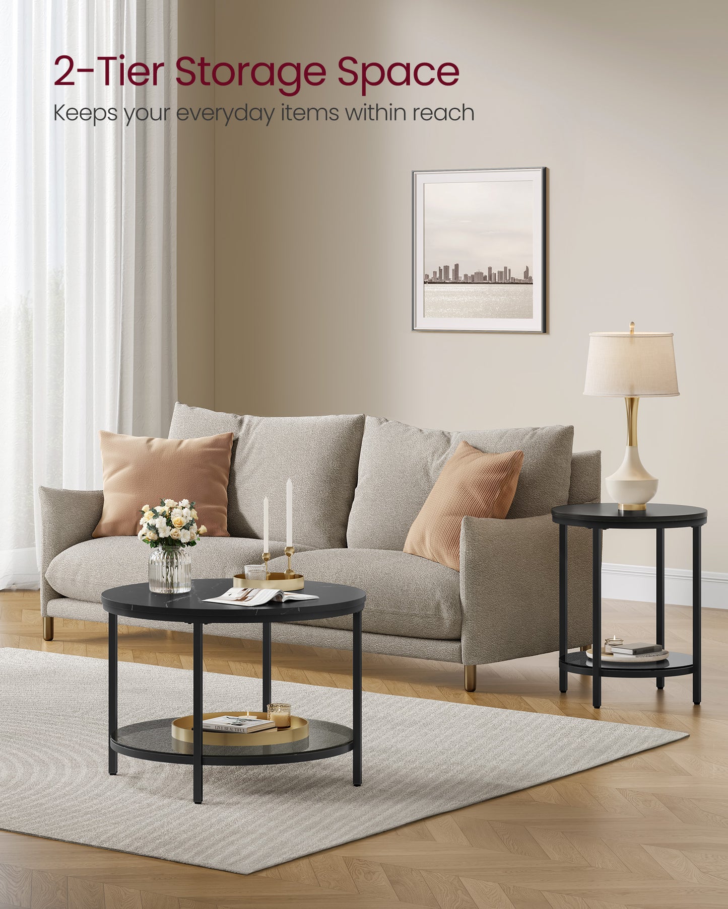 Round Coffee Table with Faux Marble Top and Glass Storage Shelf