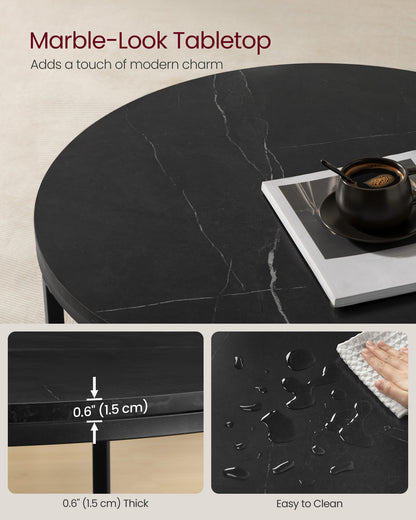 Round Coffee Table with Faux Marble Top and Glass Storage Shelf