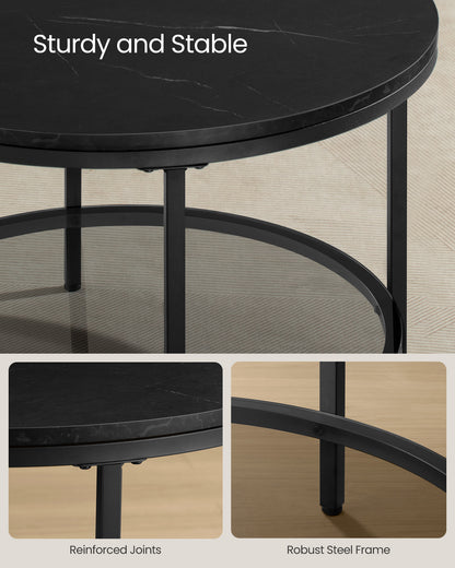 Round Coffee Table with Faux Marble Top and Glass Storage Shelf
