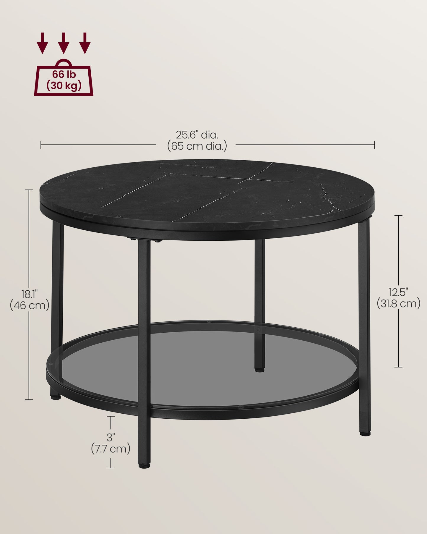 Round Coffee Table with Faux Marble Top and Glass Storage Shelf