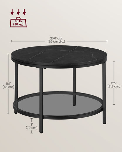 Round Coffee Table with Faux Marble Top and Glass Storage Shelf