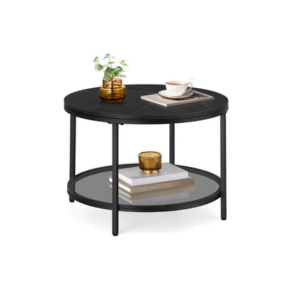 Round Coffee Table with Faux Marble Top and Glass Storage Shelf