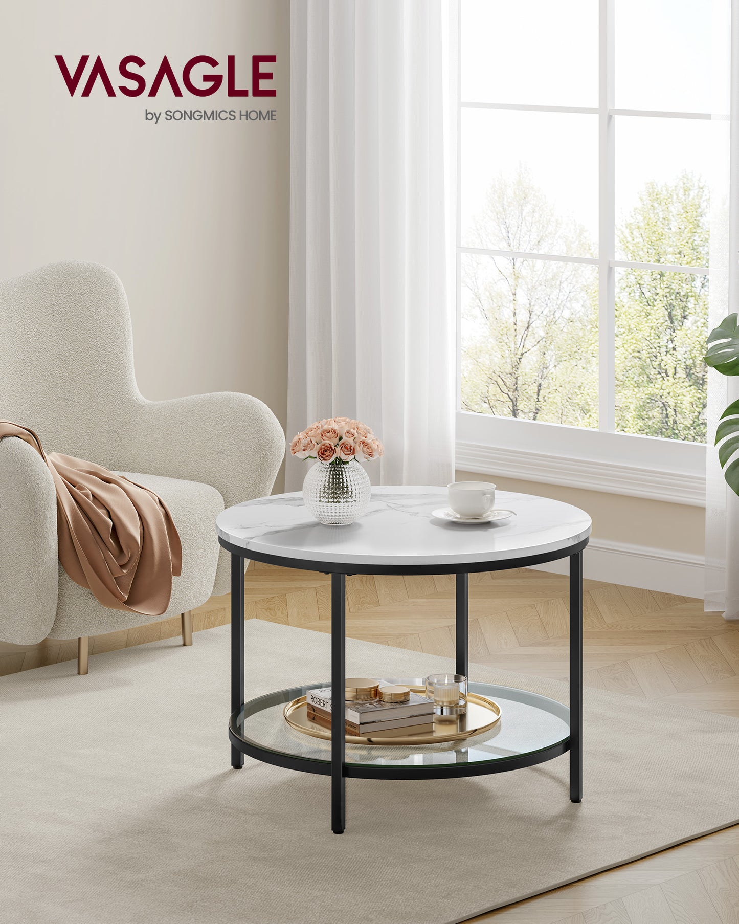Round Coffee Table with Faux Marble Top and Glass Storage Shelf