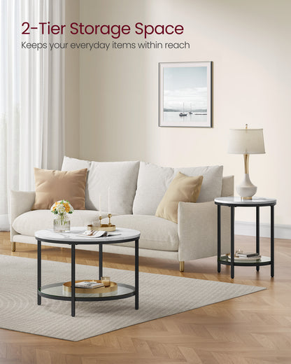 Round Coffee Table with Faux Marble Top and Glass Storage Shelf
