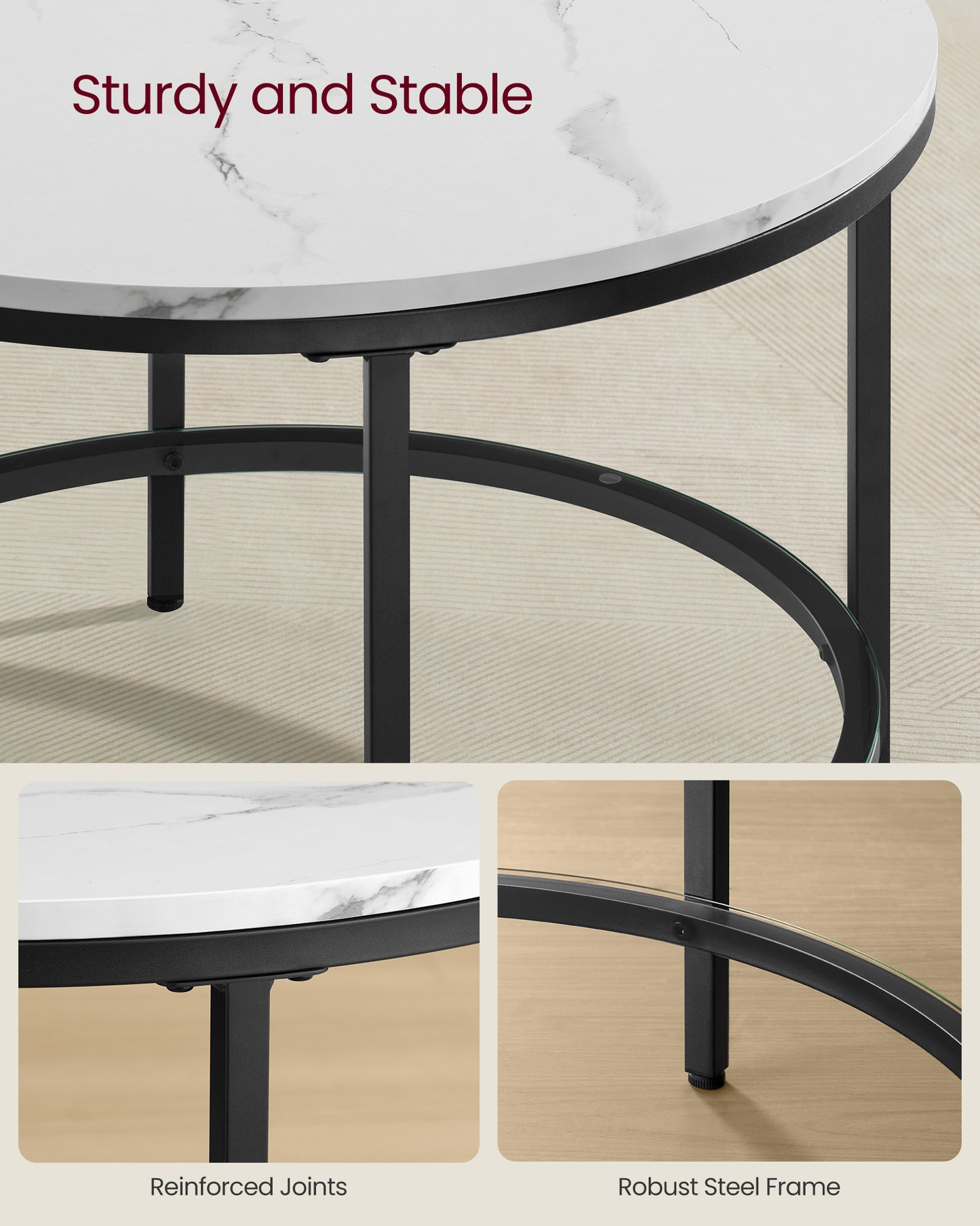 Round Coffee Table with Faux Marble Top and Glass Storage Shelf