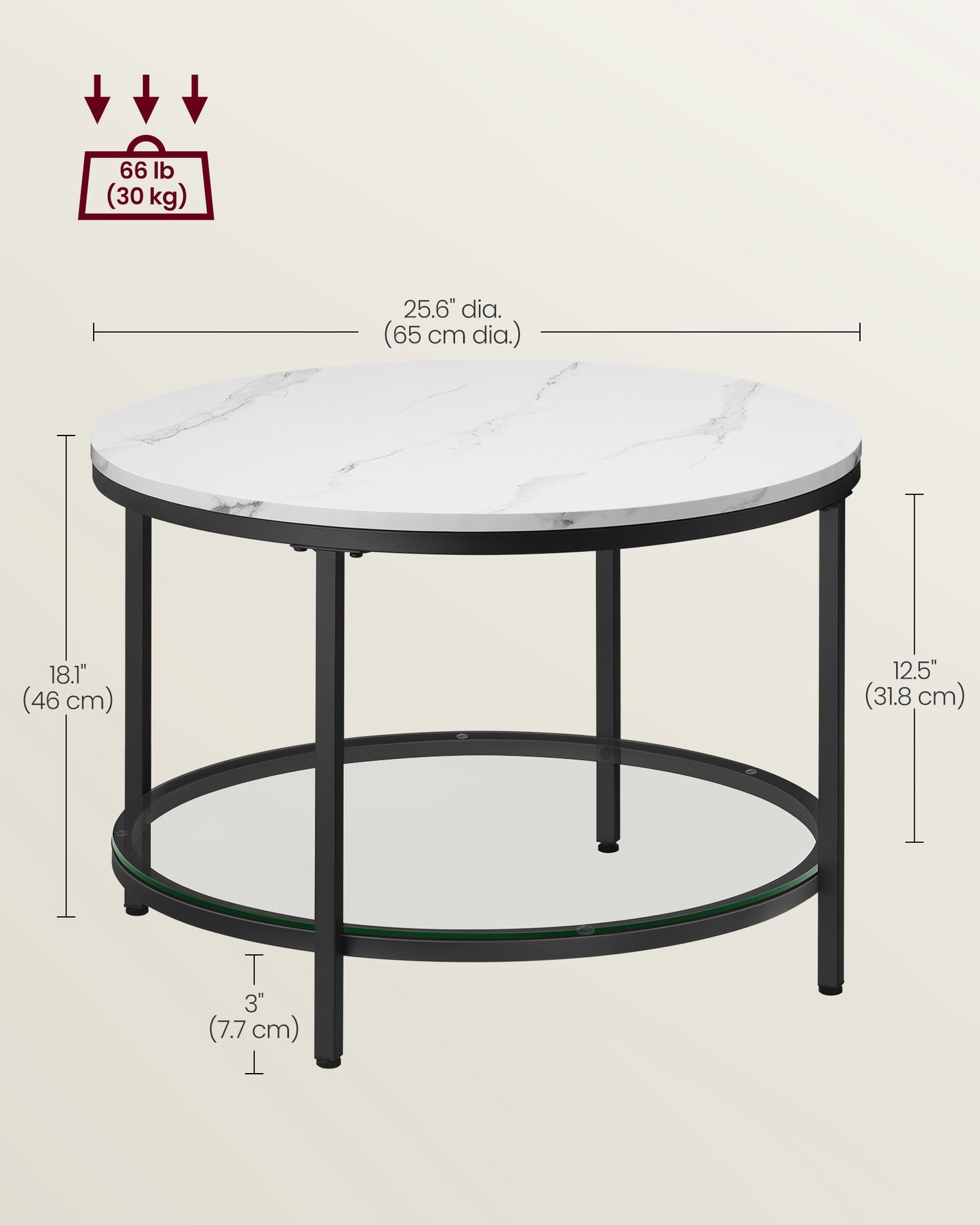 Round Coffee Table with Faux Marble Top and Glass Storage Shelf