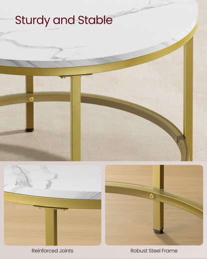 Round Coffee Table with Faux Marble Top and Glass Storage Shelf