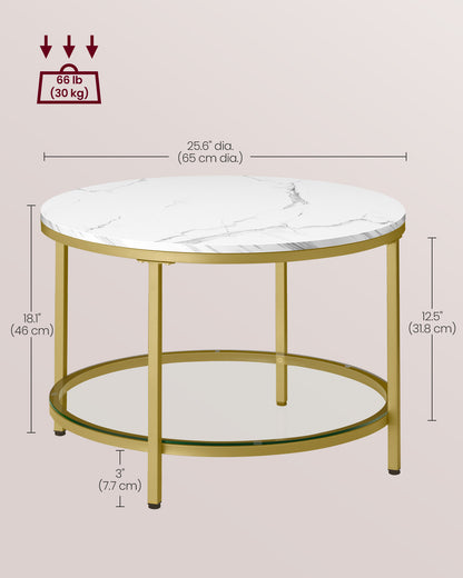 Round Coffee Table with Faux Marble Top and Glass Storage Shelf