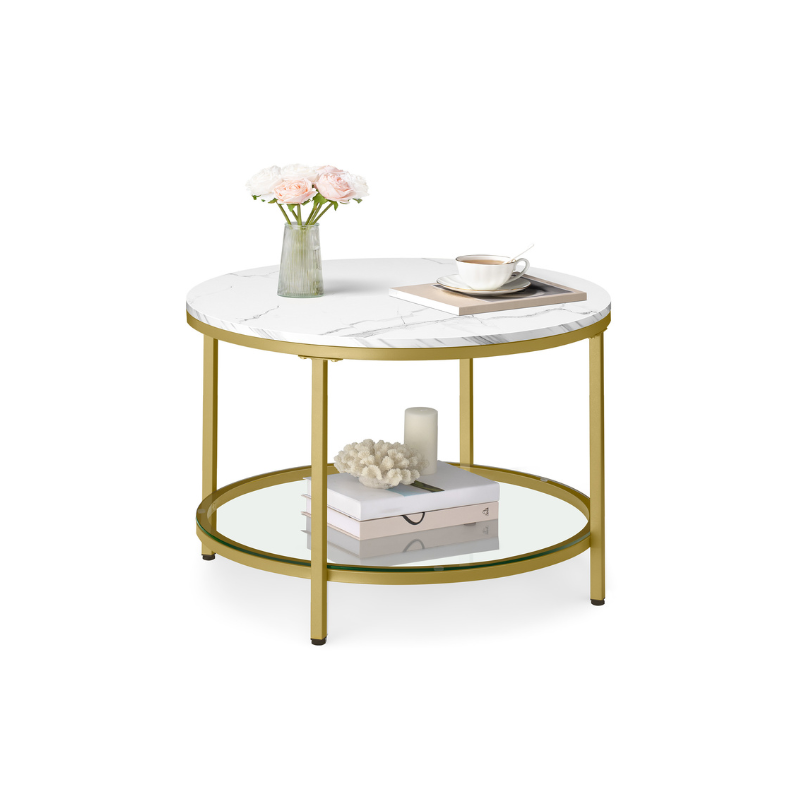 Round Coffee Table with Faux Marble Top and Glass Storage Shelf