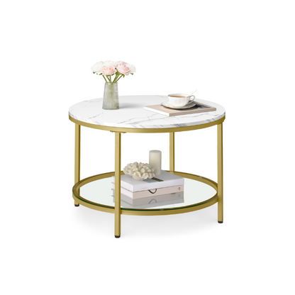 Round Coffee Table with Faux Marble Top and Glass Storage Shelf
