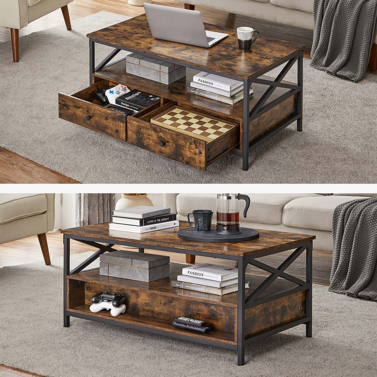 Industrial Brown Coffee Table with Drawers - image 4