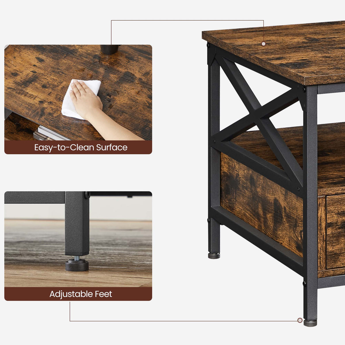 Industrial Brown Coffee Table with Drawers - image 8
