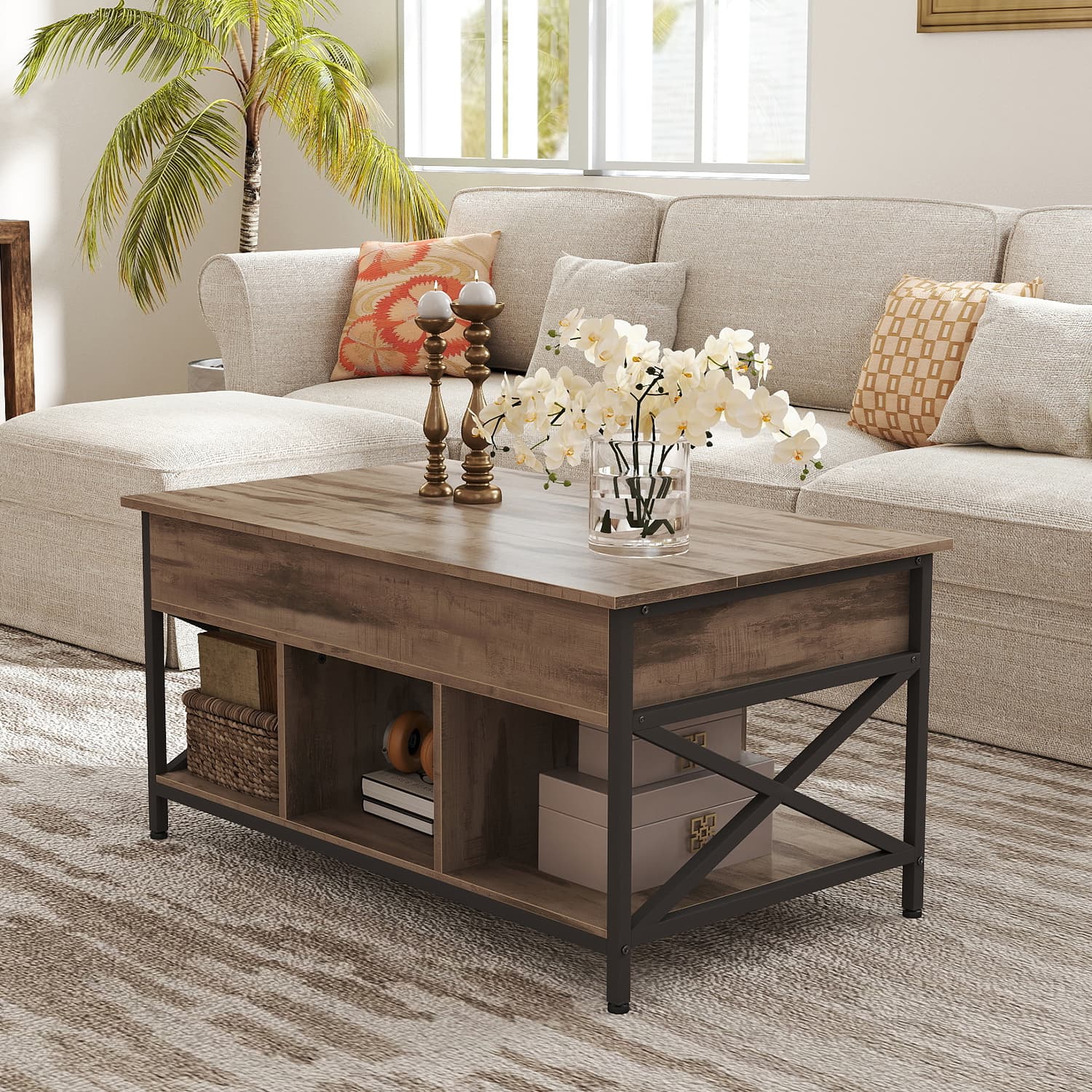 Lift-Top Table Coffee Table for Living Room, Open and Hidden Storage, X-Shaped Bars - image 1