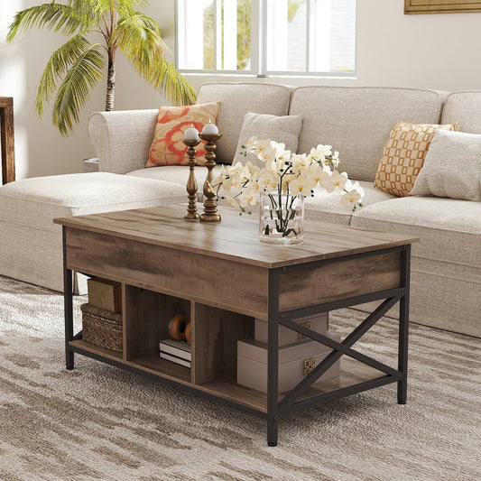 Lift-Top Table Coffee Table for Living Room, Open and Hidden Storage, X-Shaped Bars - image 1