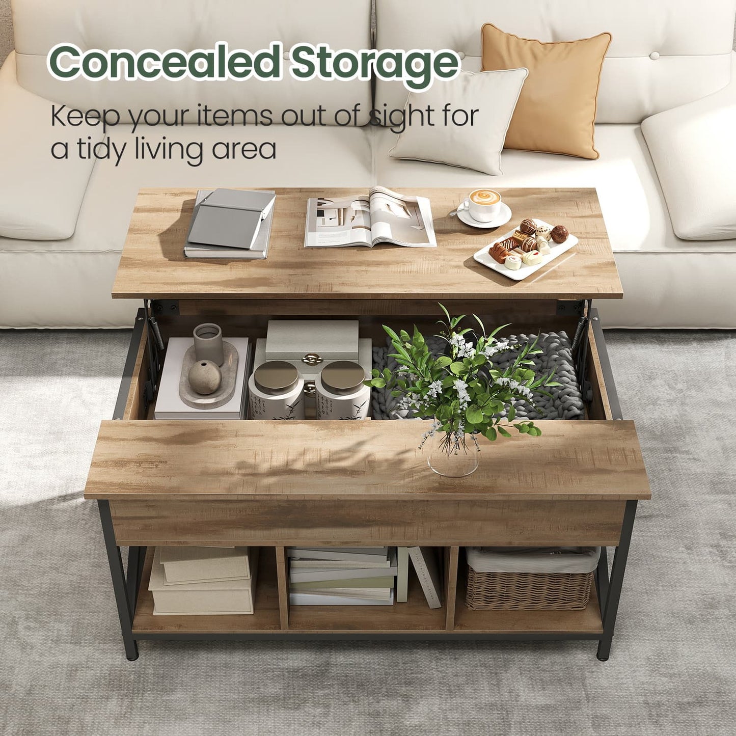 Lift-Top Table Coffee Table for Living Room, Open and Hidden Storage, X-Shaped Bars - image 3