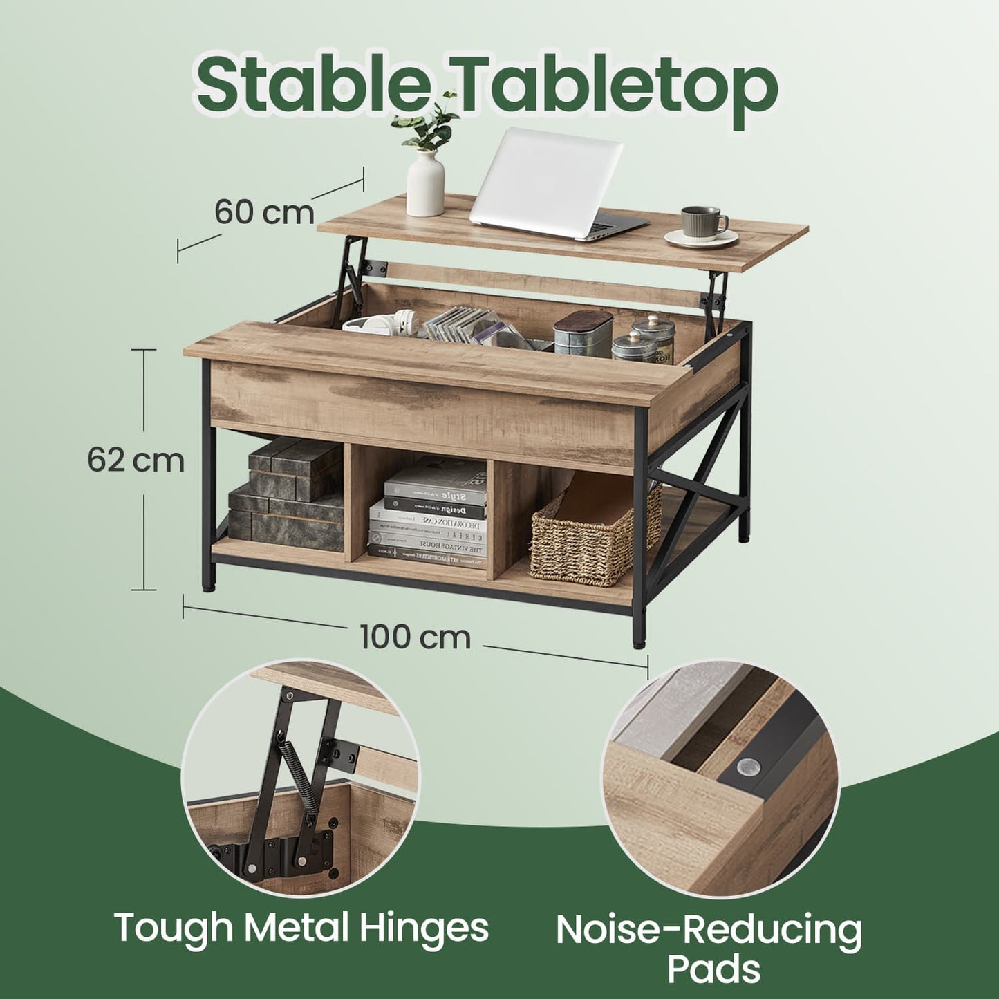 Lift-Top Table Coffee Table for Living Room, Open and Hidden Storage, X-Shaped Bars - image 5
