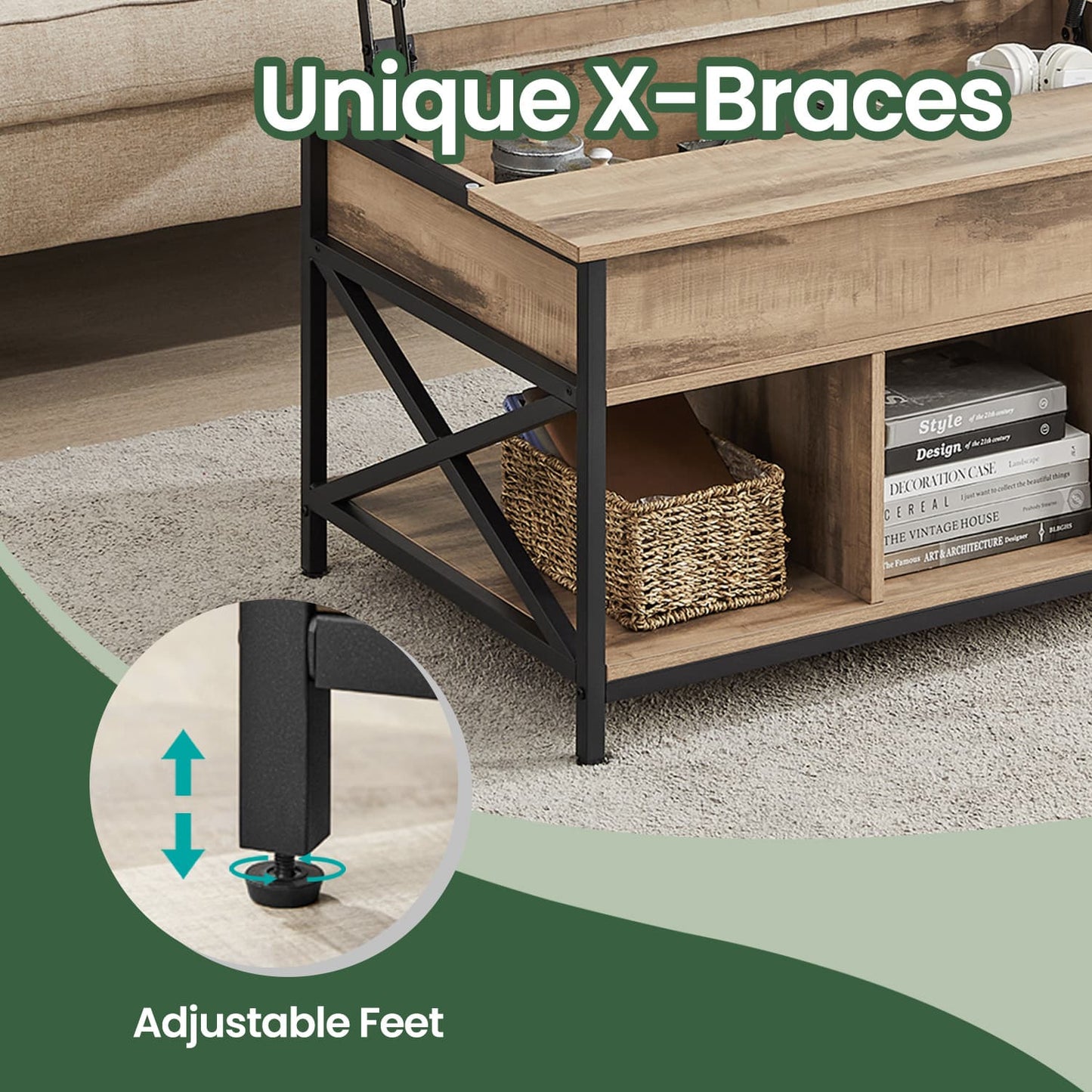 Lift-Top Table Coffee Table for Living Room, Open and Hidden Storage, X-Shaped Bars - image 4