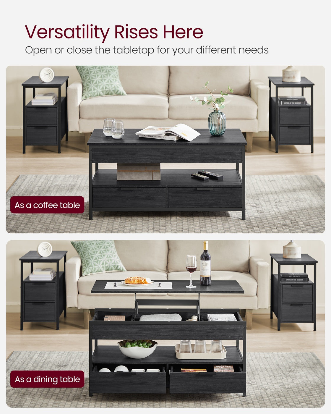 Lift Top Coffee Table with Storage Drawers Charcoal Grey and Ink Black - image 3