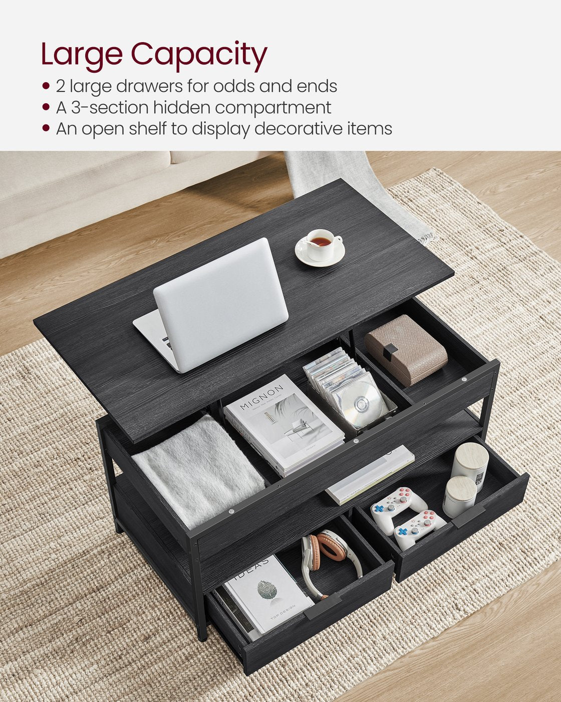 Lift Top Coffee Table with Storage Drawers Charcoal Grey and Ink Black - image 4