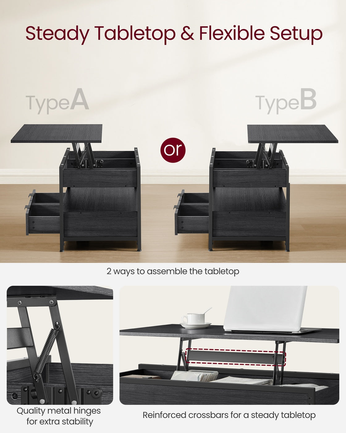 Lift Top Coffee Table with Storage Drawers Charcoal Grey and Ink Black - image 5