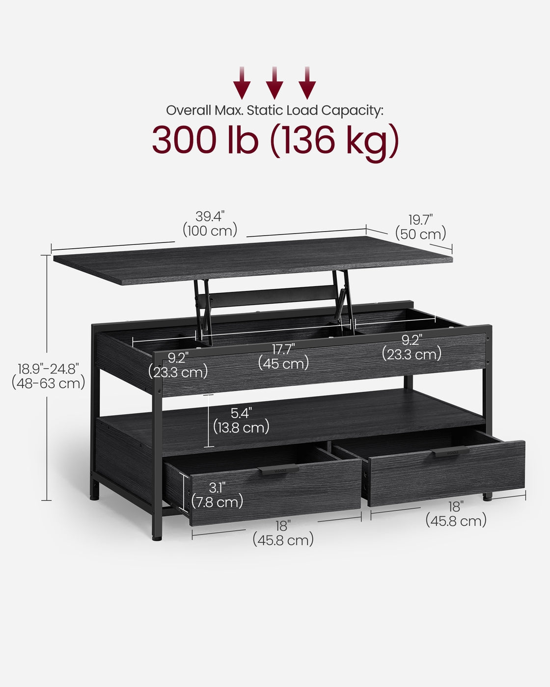 Lift Top Coffee Table with Storage Drawers Charcoal Grey and Ink Black - image 6