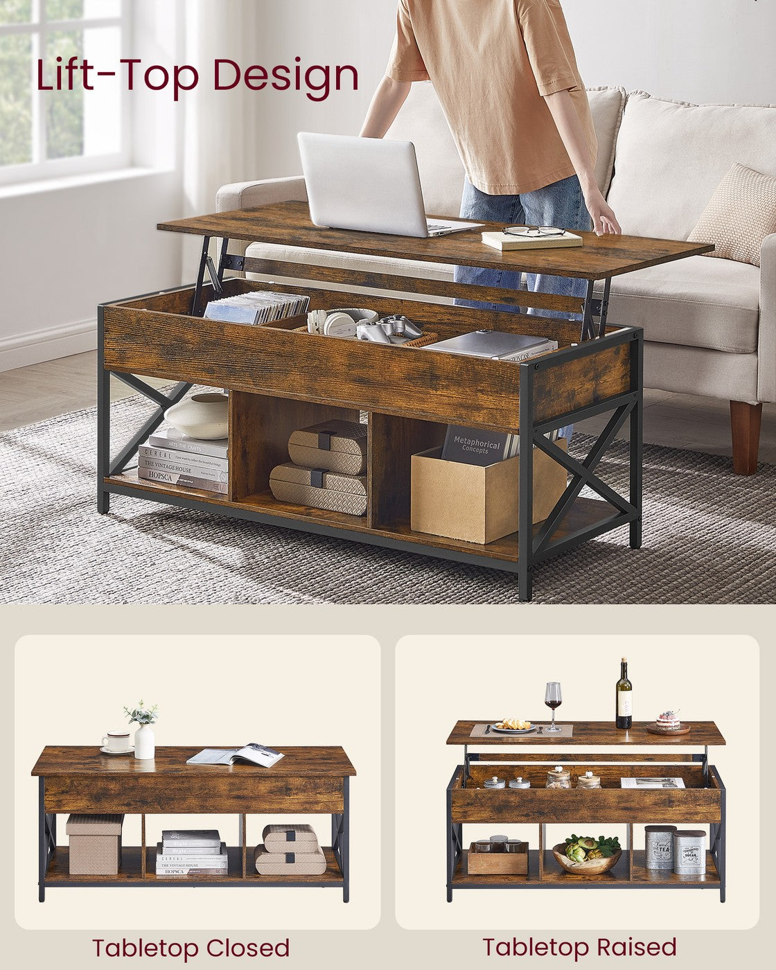 Lift Top Coffee Table with Storage Shelf