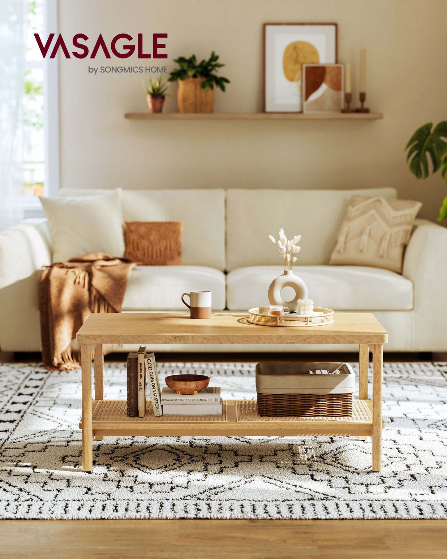 2-Tier Coffee Table with PVC Rattan Storage Shelf