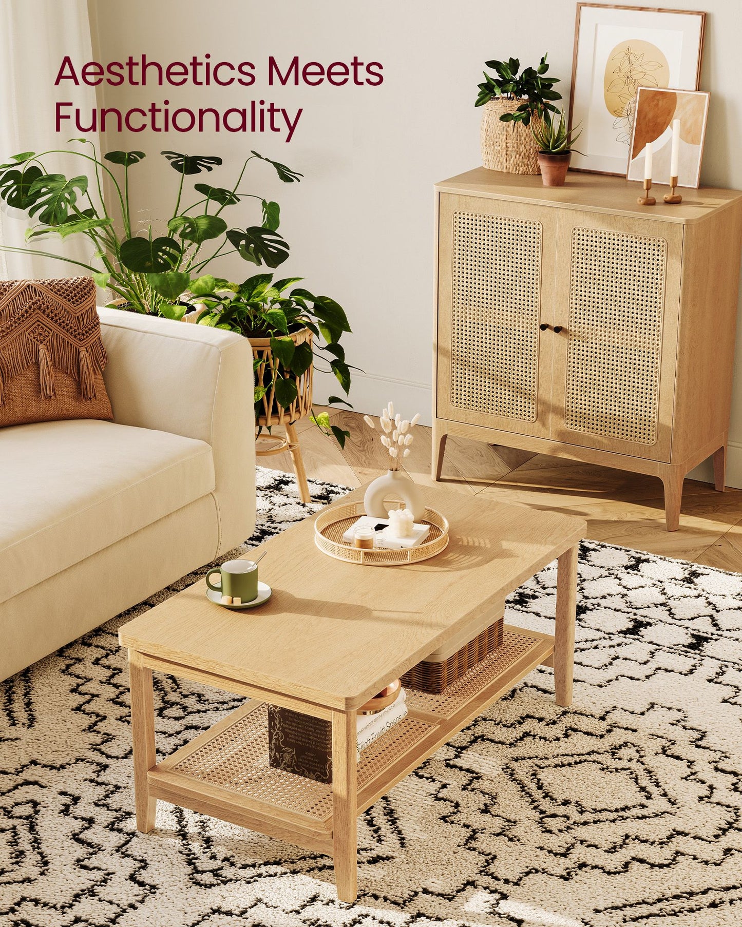2-Tier Coffee Table with PVC Rattan Storage Shelf
