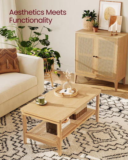 2-Tier Coffee Table with PVC Rattan Storage Shelf