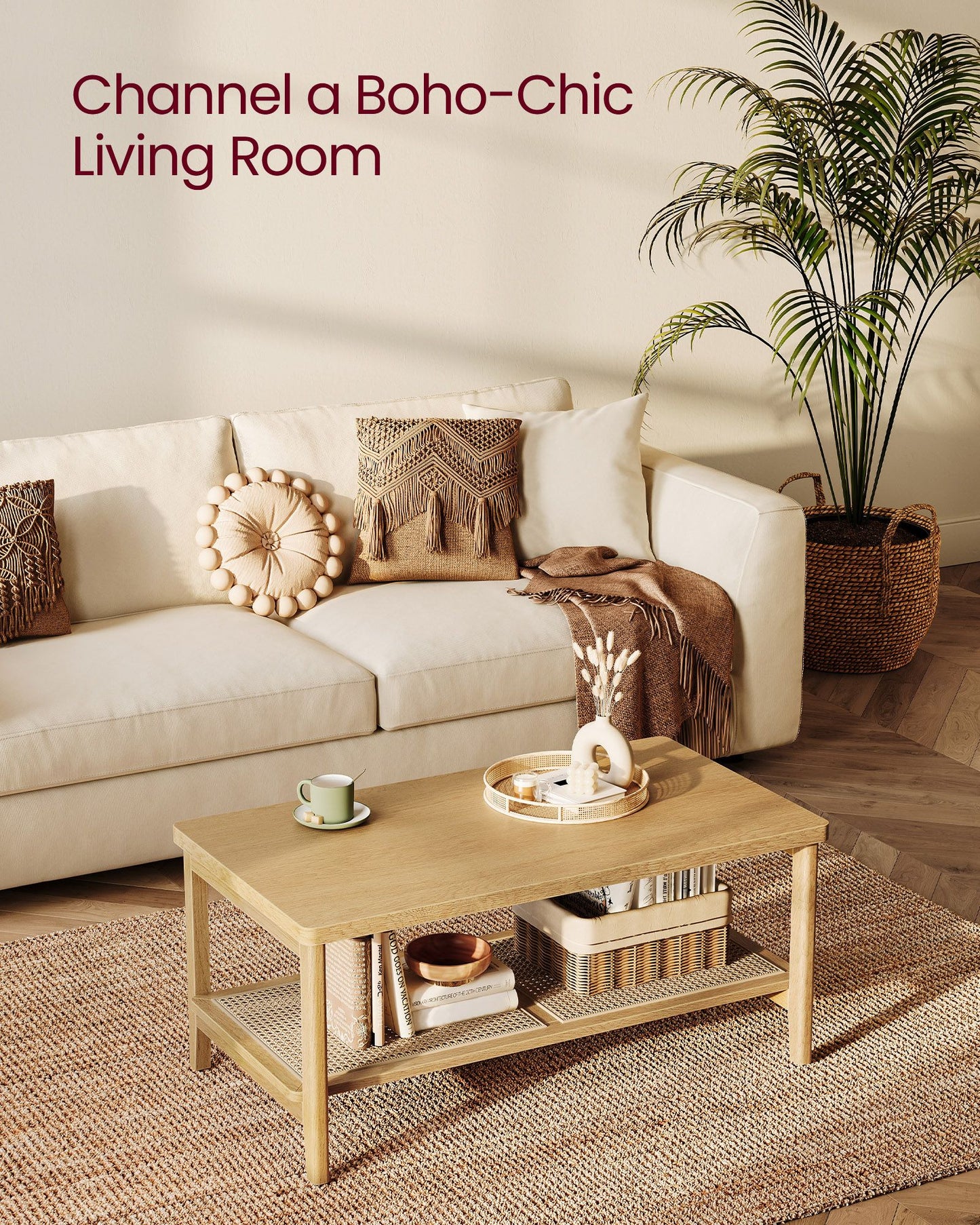 2-Tier Coffee Table with PVC Rattan Storage Shelf