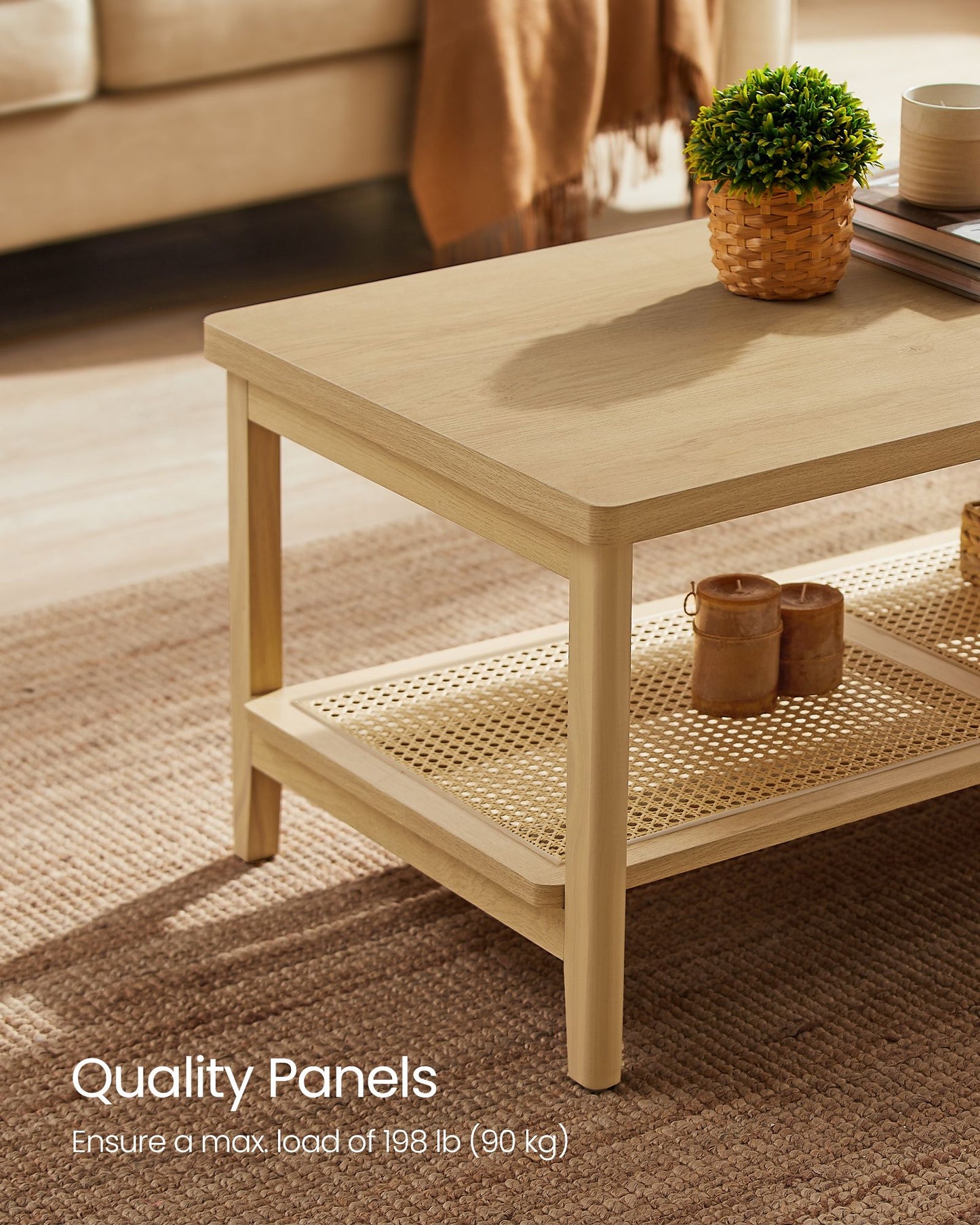 2-Tier Coffee Table with PVC Rattan Storage Shelf